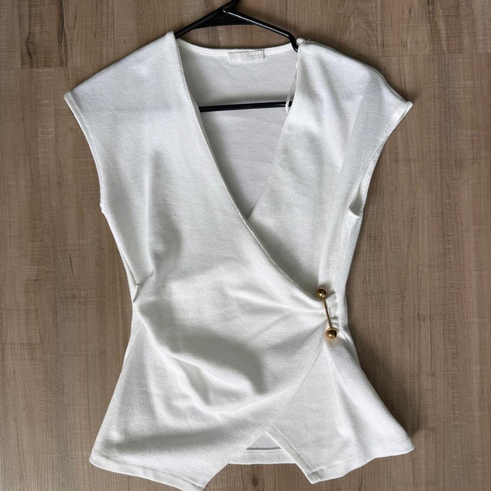 Zara White Faux-Wrap Cap Sleeve Top with Gold Button Detail